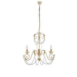 Lampadario Shabby Damasco 3 Luci Ferro Battuto Avorio E Oro Con Cristalli
