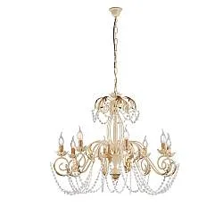 Lampadario Shabby Damasco 8 Luci Ferro Battuto Avorio E Oro Con Cristalli