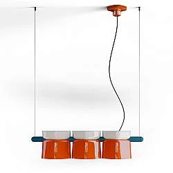 Lampadario Decò Yakitori Ceramica Bianco Arancio Volpe Metallo Blu 3 Luci E27