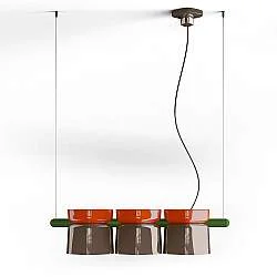 Lampadario Decò Yakitori Ceramica Arancio Volpe Moka Metallo Verde 3 Luci E27