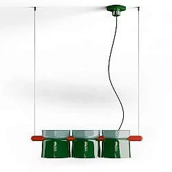 Lampadario Decò Yakitori Ceramica Azzurro Verde Bali Metallo Rosso 3 Luci E27