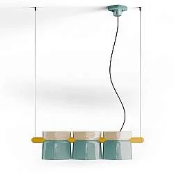 Lampadario Decò Yakitori Ceramica Crema Azzurro Metallo Giallo 3 Luci E27
