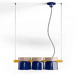 Lampadario Decò Yakitori Ceramica Grigio Sabbia Blu Metallo Giallo 3 Luci E27