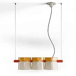 Lampadario Decò Yakitori Ceramica Giallo Crema Metallo Rosso 3 Luci E27